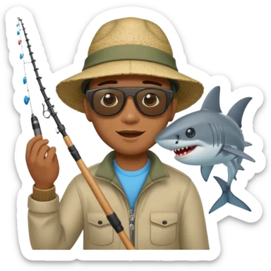 Black man fishing, catching a shark, emoji style sticker