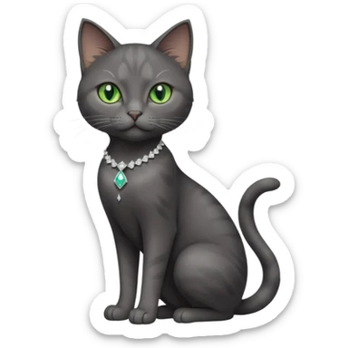 full body view of beautiful female dark grey cat with green eyes, white toes and white diamond on chest sticker