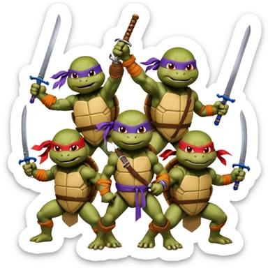 Vector emoji sticker of 4 Ninja Turtles: Leo (blue/swords), Raph (red/sais), Donnie (purple/staff), and Mikey (orange/nunchucks). Action poses, NYC rooftop, pizza box, bold comic style, white border. sticker