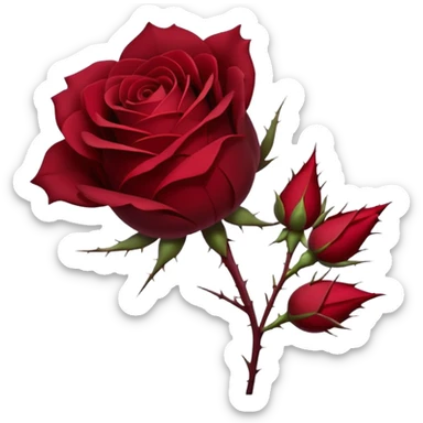 Single rose with subtle thorns, side profile, deep wine red petals, flat vector icon, clean line art, no shading, transparent background, minimalist gothic style, centered emoji composition sticker