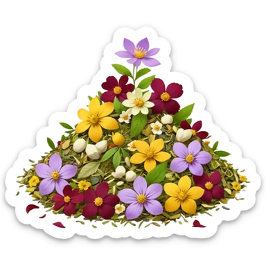 small pile of dried herbal tea blend with herbs and flowers, crumbled leaves, petals, stems, buds, lightly scattered, soft green, yellow, purple, red, warm earthy tones, 3D-rendered, detailed, no packaging, transparent background sticker