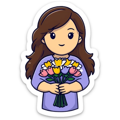 Cool girl with long brown hair and fair skin holding a bouquet of flowers sticker