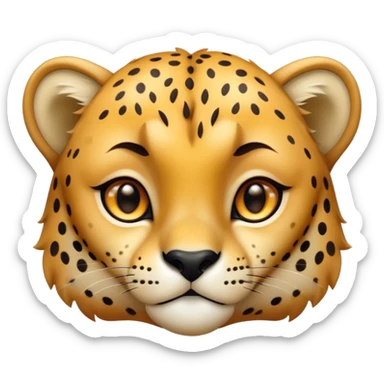 Cinematic Cute Cheetah Portrait Emoji, Head tilted playfully and inquisitively, featuring a glossy, golden spotted Fur with a natural sheen, round, sparkling amber eyes filled with curious mischief, Simplified yet irresistibly adorable features, highly detailed, glowing with a warm, friendly glow, high shine, affectionate and agile, stylized with a touch of savannah whimsy, bright and endearing, soft glowing outline, capturing the essence of a mischievous yet loving cheetah, so playful it feels like it could dash out of the screen and into your arms! sticker