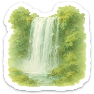 a realistic waterfall, natural colors, soft, fairy-like atmosphere, no background, square size sticker
