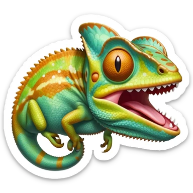 cinematic giant-yawning chameleon-realistic emoji, mouth wide open with tongue out, -blending-with-vibrant-greenery.-detailed-scales-in-shifting-colors,-showing-the-chameleon’s-ability-to-camouflage.-soft-natural-light-highlights-its-texture.-light-background, zoomed into its face sticker