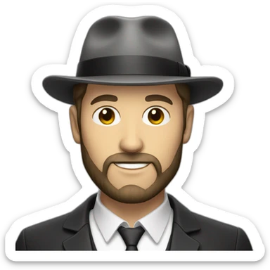 White skinned man with a tiny black beard and small black fedora sticker