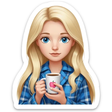 girl
blue eyes
long blond hair
wearing plaid housecoat
holding a white mug of coffee
wearing rose gold apple watch  sticker