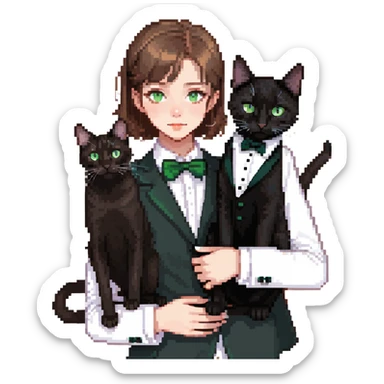 brown haired girl with light tan skin and brown eyes holding a black Bombay cat with green eyes and a black and white Tuxedo cat with hazel eyes sticker