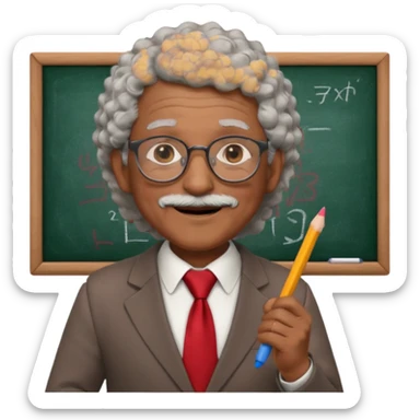 old man teacher, brown skin, curly grey white hai, wearing glasses, brown suit, red tie hold chalk on hand sticker