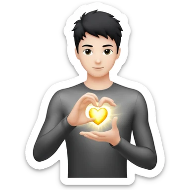 youthful male silhouette with glowing heart spark and flowing energy at fingertips, minimalist black or silver with soft dynamic motion sticker