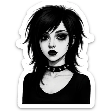 emo girl with heart-shaped face, choker necklace, dark lipstick, gothic vibe sticker