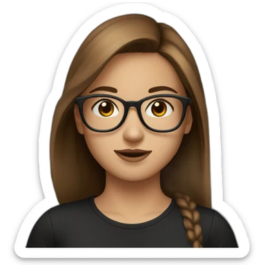 Pretty girl with brown  hair wearing  black eye glasses and a a black t shirt sticker