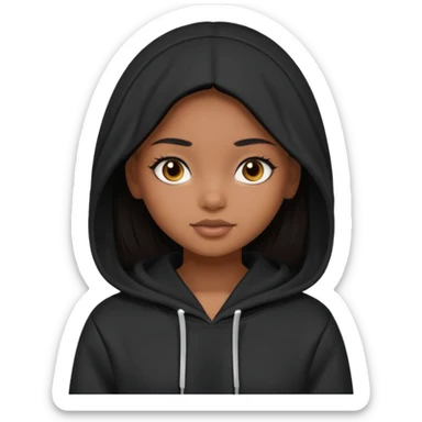  Brown skin girl , who has staight medium length black hair without bangs , brown eyes , and doll like makeup , in a black hoodie. sticker