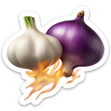 A clove of garlic and an onion kissing with an explosion of smell sticker