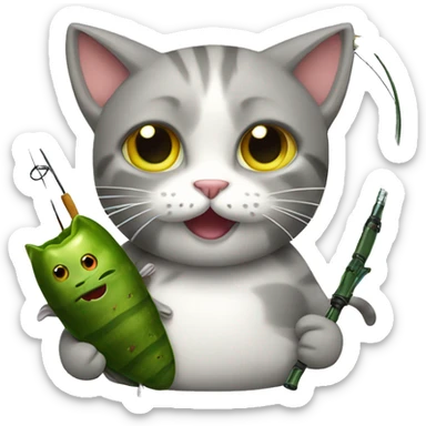Cat with a pickle and a fishing pole sticker