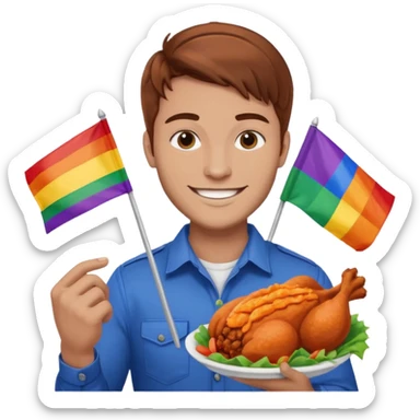 Guy with brown hair holding buffalo chicken and a gay pride flag sticker