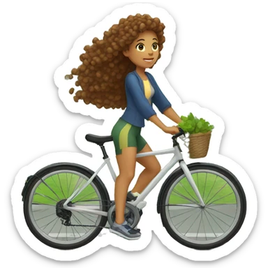 Fair girl with curly brown hair riding bicycle early in the morning with trees in the background  sticker