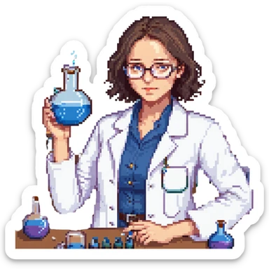 Flat pixel art, a female chemist, wearing glasses, white lab coat over indigo shirt, focusing on lab experiment, holding a flask in her right hand, waist-up, front-facing sticker