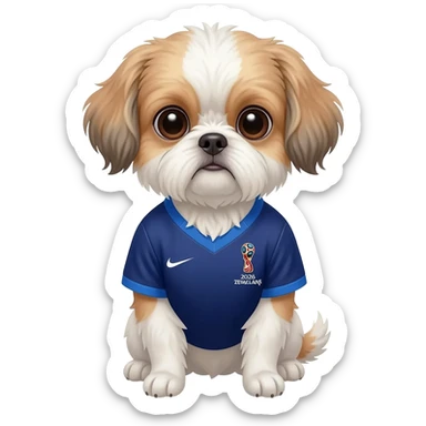 white and light brown shih zhu wearing a New Zealand soccer jersey v neck 2026 work cup sticker