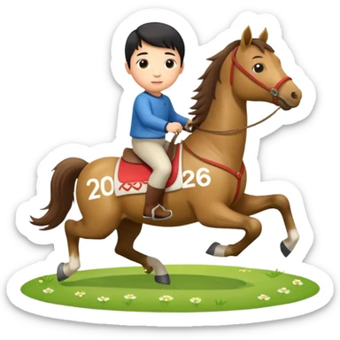 l little chinese boy riding on a  cute horse running on the grass with 2026 year label sticker