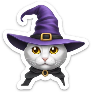 white and grey cat wearing a witch hat sticker