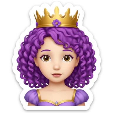 Princesses kid girl, with Gold Crown and flower on purple curly hair, with white dress sticker