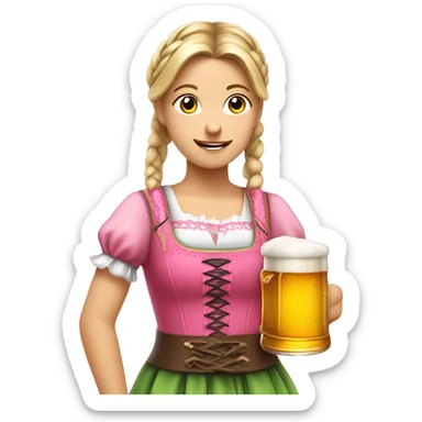 German girl with a braided ponytail wearing a pink dirndl holding a beer sticker