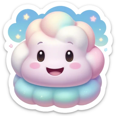 Cinematic fluffy pastel marshmallow character, soft round edges, tiny sparkly eyes, a small happy smile, glowing warmly, floating in a dreamy soft sky. sticker