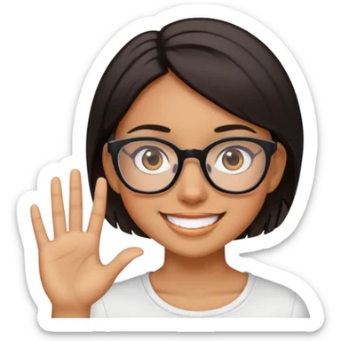 Girl with a glasses and short black brown hair and brown eyes with a big smile sticker