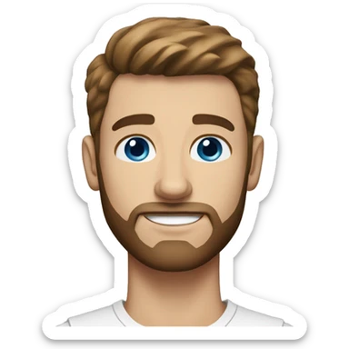White man with brown hair, short beard, rounded face, blue eyes, thick and slightly pointy eyebrows, short hair. sticker