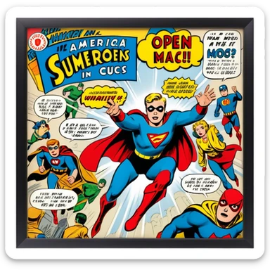 Icon for Vintage American Comics: an open comic book with classic 1940s-1950s American comic art, featuring superheroes in bold, bright colors, with action panels and exaggerated speech bubbles. The icon should represent the nostalgic style of vintage comics. Transparent background. sticker