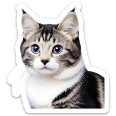 Чёрно-белая кошка с "смокинг"-окрасом: чёрная спина, хвост и верх головы, белая грудь и живот. На мордочке асимметричное белое пятно слева, розовый нос, зелёные глаза. Белые "носочки" на чёрных лапках, пушистый чёрный хвост. Умный, серьёзный взгляд. sticker