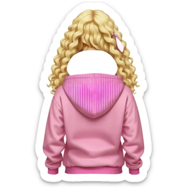 back view of person with long blonde curly hair wearing a pastel pink hoodie, iOS Apple emoji style sticker