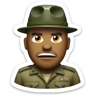 drill sergeant character wearing a classic sergeant hat and a camouflage army shirt. The character should have an angry intense expression. full torso sticker