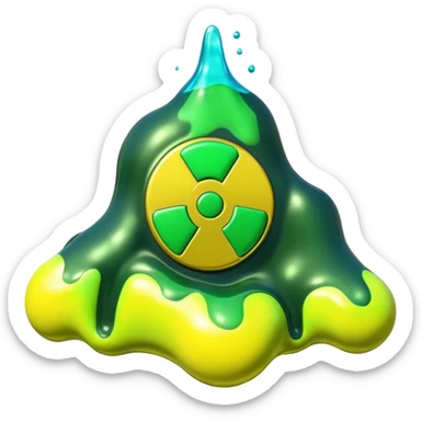 3D render of Oil Slick, toxic waste aesthetic, neon green bubbling liquid, caution yellow metal, industrial warning texture. sticker