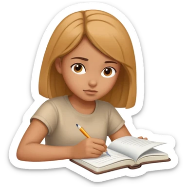 Young girl reading a notebook, focused expression, studying sticker