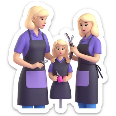 professional hairdresser in salon apron instructing student with mannequin sticker