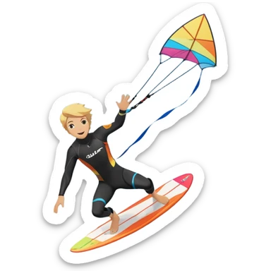 An athlete in a wetsuit riding a kiteboard, soaring over the waves with the kite high in the sky. The background features a vibrant blue sky and crashing ocean waves, capturing the thrill and freedom of kitesurfing in dynamic motion. sticker
