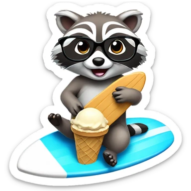 racoon wearing glasses eating ice cream and riding a surfboard sticker
