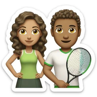 A couple playing tennis. The man is light skin (olive tone) with straight brown hair and green eyes. The woman is lighter tan (Latina) with curly dark brown hair and light brown eyes. sticker