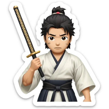 japanese samurai holding samurai sword he is wearing white kimono he has muscles and black messy hair  sticker