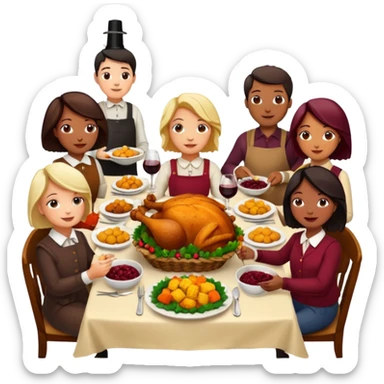 Thanksgiving Dinner with 10 people of different races around the table; have the food be a cooked turkey, mashed potatoes, corn, a basket of biscuits, a small bowl of cranberry sauce, baked yams, steamed vegetables, and a bottle of wine. sticker
