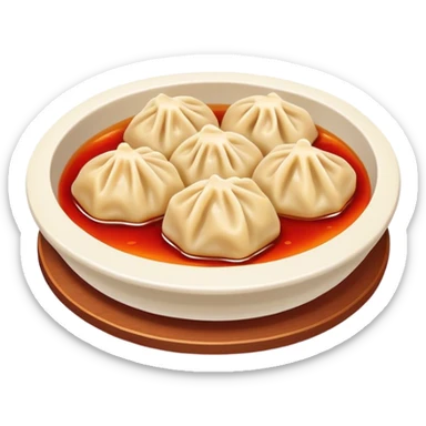 Chengdu Zhong dumplings with red oil sauce, simplified emoji style with bold outlines and bright colors, cartoon style Sichuan spicy water dumplings sticker