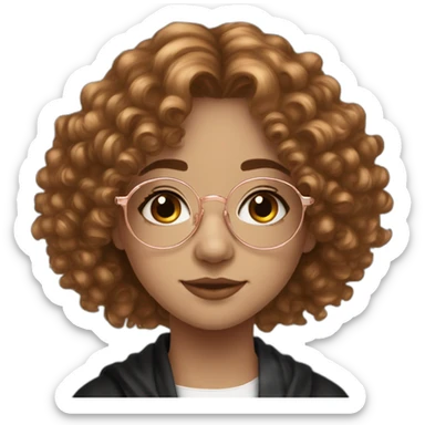 British teenage girl long curly flax hair amber eyes rose gold round glasses white shirt black robe sticker