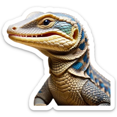 Cinematic Cute Yawning Monitor Lizard Portrait Emoji, Head tilted slightly with a dramatic, wide-open yawn, showcasing textured, patterned scales and sleepy, half-closed eyes exuding relaxed charm, Simplified yet irresistibly adorable features, highly detailed, glowing with a soft, cozy glow, high shine, relaxed yet expressive, stylized with a dash of whimsical wildness, soft glowing outline, capturing the essence of a drowsy yet affectionate reptile that appears ready to stretch out for a nap! sticker