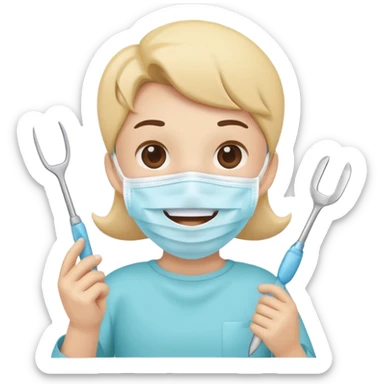 Cute tooth character wearing a face mask, holding dental tools, friendly and clean emoji style, flat illustration, simple design, white background. sticker