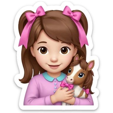 1 year old with brown hair and mini pony held together by one pink bow sticker