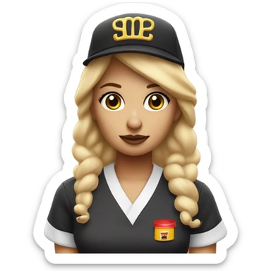 pretty blonde hair tied up with makeup and lashes. in a mcdonald’s uniform and hat looking sad sticker