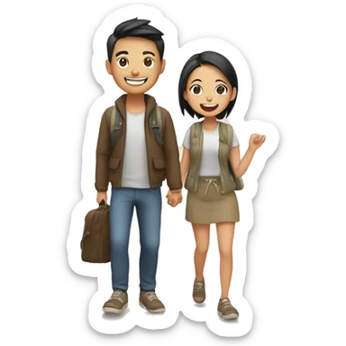 Cute young  Asian couple excitedly traveling  sticker