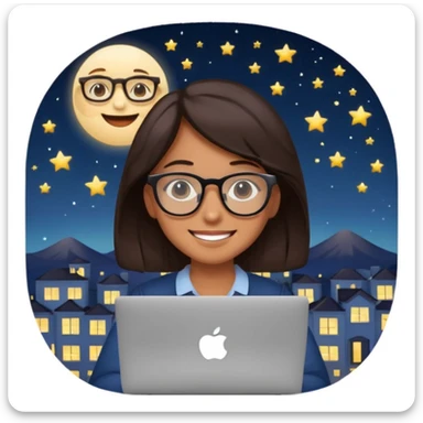 student with laptop, window at back showing night sky with stars and moon, apple style emoji sticker